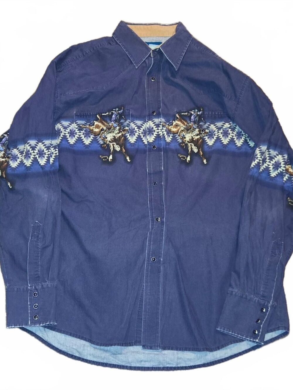 VTG Wrangler Aztec Rodeo Button Up shirt Mens XL Blue Snap button Roger Langford